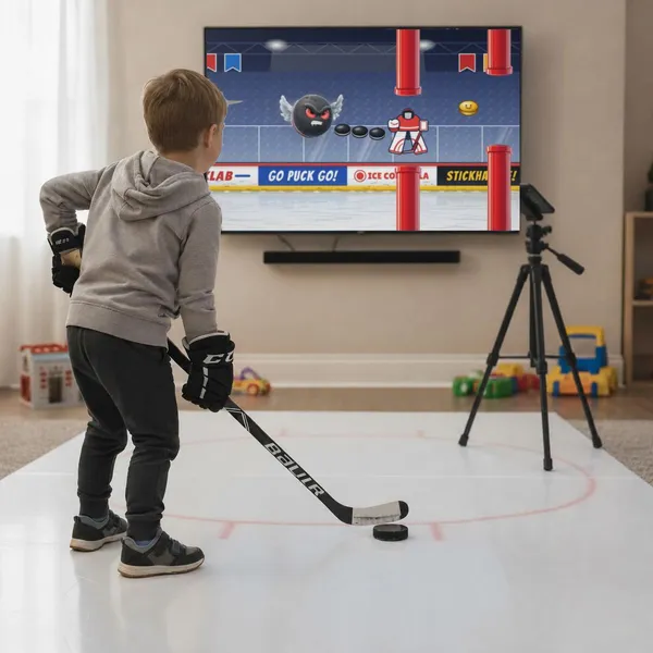 The PuckLab setup: player on a tile, phone on a tripod aimed down at the puck, game on the TV