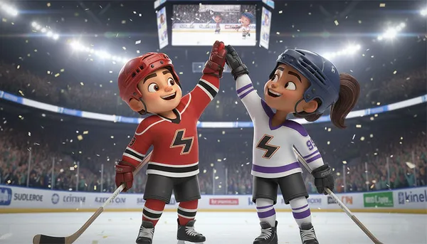 Players high-fiving at centre ice