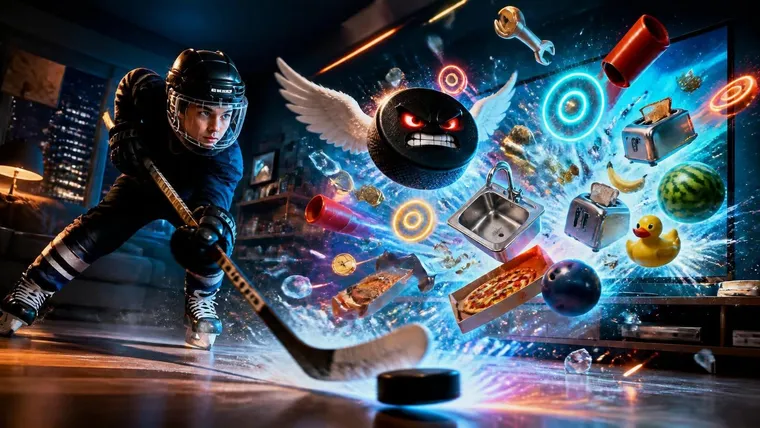A young hockey player stickhandling a puck in the living room as PuckLab's game bursts out of the TV: a winged puck, a kitchen sink, a rubber duck and glowing targets